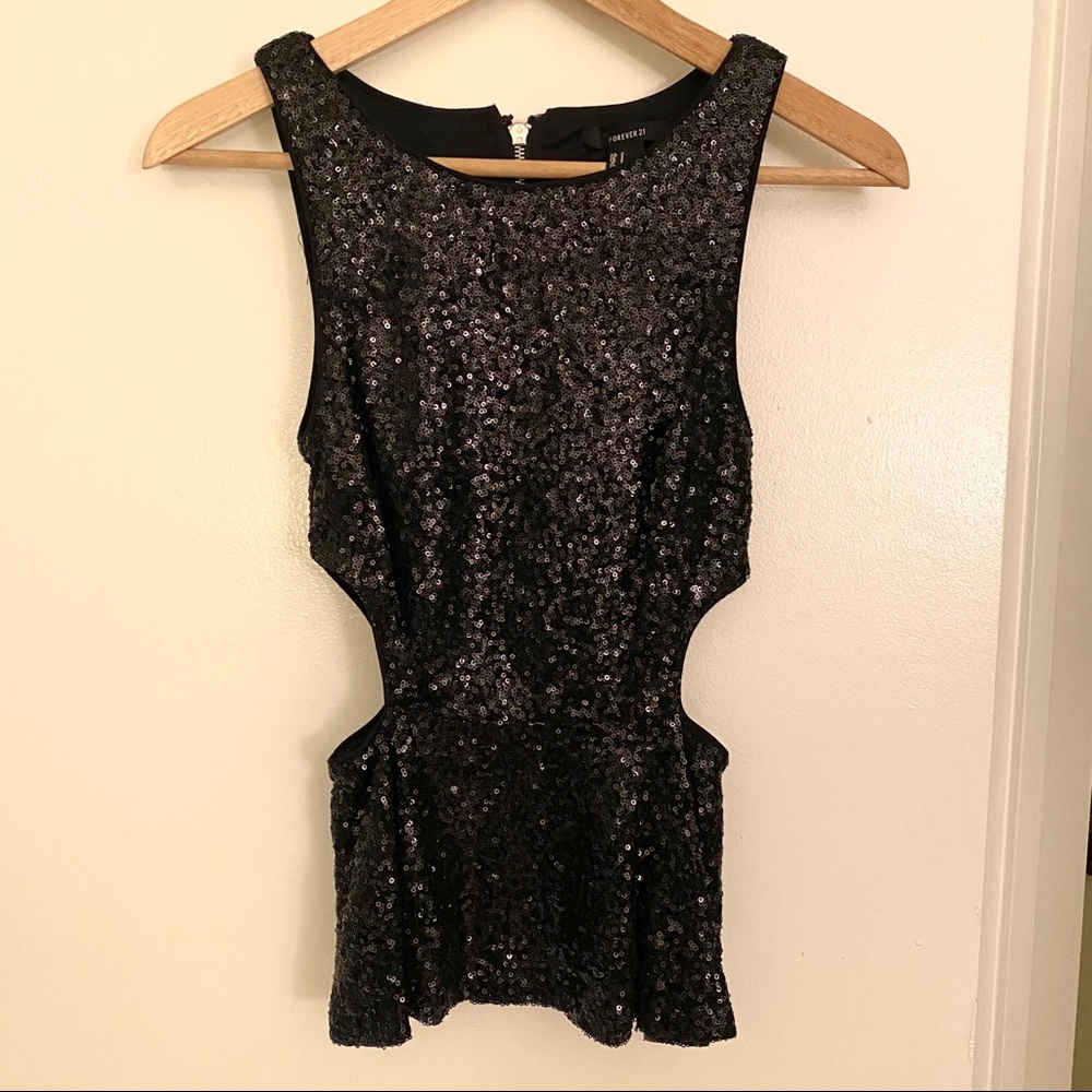 Black sequin sleeveless blouse with cutouts